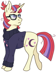 Size: 722x937 | Tagged: safe, artist:malphym, moondancer, pony, unicorn, g4, clothes, eyebrows, februpony, female, frown, glasses, looking back, mare, simple background, solo, sweater, transparent background