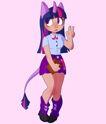 Size: 1200x1400 | Tagged: safe, artist:z0mbiec4t, twilight sparkle, human, g4, book, boots, bowtie, breasts, clothes, eared humanization, female, horn, horned humanization, humanized, leg warmers, leonine tail, peace sign, pink background, shirt, shoes, simple background, skirt, solo, tail, tailed humanization