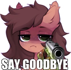 Size: 755x736 | Tagged: safe, artist:astralblues, oc, oc only, pony, caption, delet this, frown, gun, handgun, image macro, looking at you, meme, pistol, reaction image, solo, text, unamused, weapon