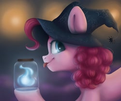Size: 1800x1500 | Tagged: safe, artist:melodylibris, pinkie pie, earth pony, pony, spider, g4, :p, female, hat, jar, magic, mare, solo, tongue out, witch hat