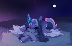 Size: 2271x1437 | Tagged: safe, artist:astralblues, oc, oc only, butterfly, pegasus, pony, full moon, looking at you, moon, one eye closed, smiling, solo, spread wings, wings