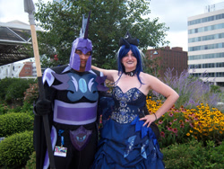 Size: 2828x2121 | Tagged: safe, artist:flufflepam, princess luna, human, bronycon, bronycon 2014, g4, bare shoulders, clothes, cosplay, costume, duo, high res, irl, irl human, night guard, photo