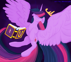 Size: 3296x2850 | Tagged: safe, artist:memengla, twilight sparkle, alicorn, pony, g4, book, crown, crying, female, floppy ears, hair over eyes, high res, jewelry, mare, regalia, solo, spread wings, twilight sparkle (alicorn), wings