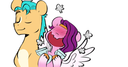 Size: 1466x776 | Tagged: safe, artist:chub-wub, edit, hitch trailblazer, pipp petals, earth pony, pegasus, pony, g5, adorapipp, adorkable, blushing, comic, cropped, crown, cute, daaaaaaaaaaaw, dork, duo, euphoric, faic, female, flustered, food, jewelry, male, mare, regalia, ship:pitch, shipping, simple background, smiling, smug, stallion, straight, white background