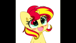 Size: 1280x720 | Tagged: safe, ai assisted, ai content, artist:kittyrosie, edit, fifteen.ai, sunset shimmer, pony, unicorn, g4, :3, ai voice, bust, cute, cute little fangs, fangs, ohayou face, open mouth, shimmerbetes, simple background, solo, sound, sound only, webm, white background