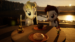 Size: 3840x2160 | Tagged: safe, artist:horsesexhaver, oc, oc:acey, oc:aryanne, 3d, aryan, aryan pony, brown mane, candle, cookie, cute, eating, female, flower, food, forest, high res, mare, mountain, muffin, outdoors, red eyes, render, sunset, table, unreal engine, water