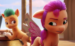 Size: 1272x786 | Tagged: safe, screencap, hitch trailblazer, sunny starscout, earth pony, pony, g5, my little pony: a new generation, spoiler:g5, colt, colt hitch trailblazer, cropped, cute, fake wings, female, filly, filly sunny starscout, foal, frown, hitchbetes, male, needs more jpeg, smiling, young hitch, young sunny, younger