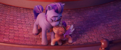 Size: 1894x786 | Tagged: safe, screencap, argyle starshine, sunny starscout, earth pony, pony, g5, my little pony: a new generation, best dad, father and child, father and daughter, female, filly, filly sunny starscout, foal, horn, male, needs more jpeg, nuzzling, playing, stallion, younger