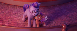 Size: 1903x785 | Tagged: safe, screencap, argyle starshine, sunny starscout, earth pony, pony, g5, my little pony: a new generation, spoiler:g5, spoiler:my little pony: a new generation, father and child, father and daughter, female, filly, filly sunny starscout, foal, male, stallion, younger