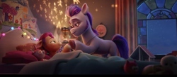 Size: 1871x823 | Tagged: safe, screencap, argyle starshine, sunny starscout, earth pony, pony, g5, my little pony: a new generation, spoiler:my little pony: a new generation, beard, bed, duo, eye contact, facial hair, father and child, father and daughter, female, filly, filly sunny starscout, foal, glasses, holding hooves, lidded eyes, looking at each other, looking at someone, lying down, male, needs more jpeg, nightlight, on back, on bed, plushie, stallion, toy, younger