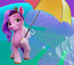 Size: 544x480 | Tagged: safe, pipp petals, pegasus, pony, g5, my little pony: a new generation, 2d, 3d, adorapipp, china, chinese, confident, cute, happy, holding, looking at you, princess, proud, royalty, simple background, smiling, standing, umbrella, wechat, weixin