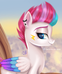 Size: 683x821 | Tagged: safe, artist:fluttershy_art.nurul, zipp storm, pegasus, pony, g5, my little pony: a new generation, cliff, cloud, cute, ear piercing, earring, female, folded wings, jewelry, lightning, piercing, smiling, solo, wings