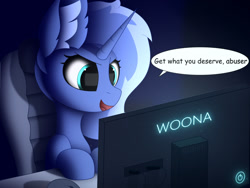 Size: 1920x1440 | Tagged: dead source, safe, artist:alexbefest, artist:pegasusyay, princess luna, alicorn, pony, unicorn, gamer luna, luna game, g4, blue, cute, female, filly, solo, woona, younger