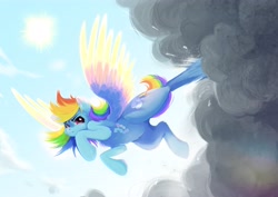 Size: 4096x2896 | Tagged: safe, artist:boorakun, rainbow dash, pegasus, pony, backwards cutie mark, cloud, cloud busting, colored wings, female, flying, high res, kicking, mare, multicolored wings, obtrusive watermark, rainbow wings, signature, solo, sun, watermark, wings