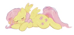 Size: 945x449 | Tagged: safe, artist:boorakun, fluttershy, pegasus, pony, g4, 2021, colored sketch, eyes closed, female, lying down, mare, one ear down, prone, simple background, sleeping, solo, spread wings, white background, wings