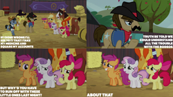 Size: 1280x720 | Tagged: safe, edit, edited screencap, editor:quoterific, screencap, apple bloom, applejack, fetter keys, scootaloo, sheriff silverstar, star spur, sweetie belle, trouble shoes, earth pony, pegasus, pony, unicorn, appleoosa's most wanted, g4, season 5, apple bloom's bow, applejack's hat, appleloosa resident, bow, cowboy hat, cutie mark crusaders, female, filly, foal, grin, hair bow, hat, male, mare, nervous, nervous smile, open mouth, smiling, stallion, text, tree, unshorn fetlocks