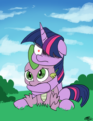 Size: 2550x3300 | Tagged: safe, artist:loreto-arts, spike, twilight sparkle, dragon, pony, unicorn, g4, big sister twilight, duo, female, glowing, glowing eyes, hair over one eye, high res, hug, hug from behind, male, mama twilight, mare, overprotective, red eyes take warning, unicorn twilight