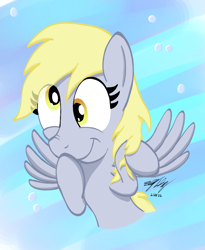 Size: 822x1002 | Tagged: safe, artist:ebbysharp, derpy hooves, pegasus, pony, g4, :t, abstract background, bust, eye clipping through hair, female, hoof over mouth, mare, nose wrinkle, shading, signature, smiling, solo, wings