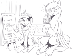 Size: 1613x1254 | Tagged: safe, artist:nauyaco, princess cadance, oc, pegasus, pony, g4, advice, dating, dexterous hooves, duo, female, hoof hold, male, mare, monochrome, notepad, pencil, pointer, sitting, stallion, sweat, tongue out, unshorn fetlocks