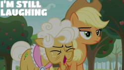 Size: 1280x720 | Tagged: safe, edit, edited screencap, editor:quoterific, screencap, applejack, goldie delicious, earth pony, pony, g4, going to seed, season 9, apple, applejack's hat, cowboy hat, duo, eyes closed, female, food, hat, mare, open mouth, open smile, smiling, text, tree