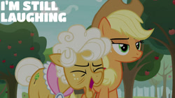 Size: 1280x720 | Tagged: safe, edit, edited screencap, editor:quoterific, screencap, applejack, goldie delicious, earth pony, pony, g4, going to seed, my little pony: friendship is magic, season 9, apple, applejack's hat, cowboy hat, duo, eyes closed, female, food, hat, mare, open mouth, open smile, smiling, text, tree