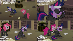 Size: 1280x720 | Tagged: safe, edit, edited screencap, editor:quoterific, screencap, pinkie pie, twilight sparkle, earth pony, pony, unicorn, g4, it's about time, season 2, bookshelf, disguise, duo, eyepatch, eyepatch (disguise), eyes closed, female, future twilight, hourglass, library, mare, ninja, open mouth, open smile, smiling, text, unicorn twilight