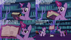 Size: 1280x720 | Tagged: safe, edit, edited screencap, editor:quoterific, screencap, starlight glimmer, twilight sparkle, alicorn, pony, unicorn, fame and misfortune, g4, season 7, book, duo, female, leaning on the fourth wall, library, magic, mare, open mouth, open smile, smiling, telekinesis, text, twilight sparkle (alicorn), twilight's castle, twilight's castle library