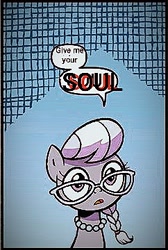 Size: 242x360 | Tagged: safe, edit, idw, silver spoon, earth pony, pony, g4, adoracreepy, braid, creepy, cute, deep fried meme, female, filly, foal, glasses, meme, picture for breezies, silverbetes, soul, talking to viewer, text edit