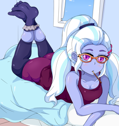 Size: 1867x1989 | Tagged: safe, artist:n00bultima, sugarcoat, equestria girls, g4, bed, breasts, cleavage, clothes, female, glasses, leggings, looking at you, lying down, mouth hold, prone, socks, solo, stocking feet, the pose, tight clothing, window