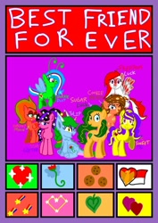 Size: 724x1024 | Tagged: safe, artist:indonesia pony, oc, oc:cookie berry, oc:freedom luck, oc:galaxy moon, oc:sparkle dust, oc:star glitter, oc:sugar luck, oc:sweet pie, oc:tulip, breezie, dracony, dragon, earth pony, hybrid, original species, pegasus, pony, unicorn, best friends, cookie, cutie mark, female, flower, flower in hair, flying, food, heart, indonesia, indonesian, leaves, looking at someone, looking at you, mare, one eye closed, open mouth, ponytail, raised hoof, sitting, smiling, smiling at you, sparkling, sparkly mane, tulip, wink, winking at you
