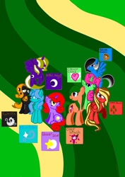 Size: 724x1024 | Tagged: safe, artist:indonesia pony, oc, oc:aqua flight, oc:coffee blast, oc:color splash, oc:cotton cloud, oc:glitter star, oc:night melody, oc:palette rainbow, oc:ramisya, alicorn, changeling, earth pony, pegasus, pony, unicorn, female, flying, indonesia, looking at something, looking at you, mare, open mouth, raised hoof, shy, sitting, smiling