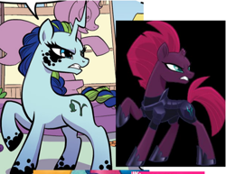 Size: 618x476 | Tagged: safe, artist:michela cacciatore, idw, black belle, tempest shadow, pony, unicorn, g4, my little pony: generations, broken horn, comparison, horn, redraw