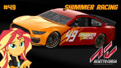 Size: 1022x572 | Tagged: safe, sunset shimmer, equestria girls, g4, assetto corsa, car, female, ford, ford mustang, game, logo, nascar, racecar, showroom, solo, team