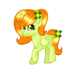 Size: 894x894 | Tagged: safe, artist:violight, oc, oc:lucky key, alicorn, pony, clover, female, flower, looking at you, mare, ponytail, raised hoof, shading, simple background, smiling, smiling at you, solo, transparent background
