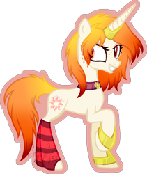 Size: 1000x1184 | Tagged: safe, artist:stormcloud-yt, oc, oc only, oc:sun star, pony, unicorn, base used, choker, clothes, female, grin, horn, mare, simple background, smiling, socks, solo, striped socks, transparent background, unicorn oc