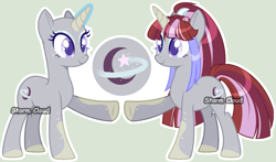 Size: 3087x1813 | Tagged: safe, artist:stormcloud-yt, oc, oc only, oc:shooting star, pony, unicorn, bald, base used, duo, eyelashes, female, mare, offspring, parent:comet tail, parent:moondancer, parents:cometdancer, raised hoof, simple background