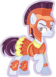 Size: 931x1296 | Tagged: safe, artist:stormcloud-yt, oc, oc only, earth pony, pony, armor, base used, clothes, earth pony oc, eye scar, full body, helmet, heterochromia, hooves, lidded eyes, male, outline, raised hoof, scar, simple background, skirt, solo, stallion, standing, transparent background