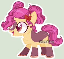 Size: 2493x2292 | Tagged: safe, artist:stormcloud-yt, oc, oc only, earth pony, pony, base used, blaze (coat marking), bow, cheek fluff, chest fluff, coat markings, earth pony oc, eyelashes, facial markings, female, filly, foal, full body, gray background, hair bow, high res, hooves, offspring, open mouth, open smile, outline, parent:apple bloom, parent:tender taps, parents:tenderbloom, pigtails, signature, simple background, smiling, socks (coat markings), solo, standing, tail, two toned mane, two toned tail, unshorn fetlocks, watermark, white outline