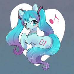 Size: 2000x2000 | Tagged: safe, artist:ayahana, earth pony, pony, anime, blushing, butt, female, gradient background, gradient mane, gradient tail, hatsune miku, heart, high res, hooves, looking at you, looking back, mare, music notes, open mouth, open smile, plot, ponified, raised hoof, smiling, solo, tail, underhoof, vocaloid