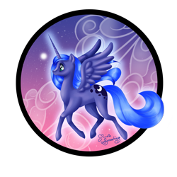 Size: 2449x2449 | Tagged: safe, artist:nemoturunen, princess luna, alicorn, pony, g4, female, flying, high res, mare, moon, night, signature, simple background, stars, transparent background