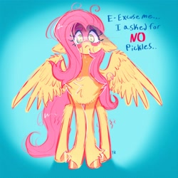 Size: 2800x2800 | Tagged: safe, artist:yumkandie, fluttershy, pegasus, pony, g4, assertive fluttershy, blushing, chest fluff, high res, looking at you, simple background, solo, spread wings, teary eyes, text, trembling, wings