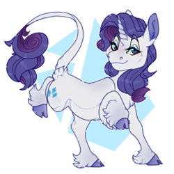 Size: 900x900 | Tagged: safe, artist:seffiron, rarity, classical unicorn, pony, unicorn, g4, abstract background, cloven hooves, female, horn, leonine tail, mare, raised hoof, raised leg, simple background, smiling, solo, transparent background, unshorn fetlocks