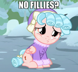 Size: 540x500 | Tagged: safe, edit, edited screencap, screencap, cozy glow, pegasus, pony, frenemies (episode), g4, caption, clothes, cozy glow is best facemaker, cozybetes, cropped, cute, female, filly, foal, hat, image macro, megamind, meme, no bitches?, ponified meme, pouting, sad, sitting, snow, solo, text, text edit, winter outfit