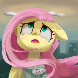 Size: 1000x1000 | Tagged: safe, artist:brella, fluttershy, pegasus, pony, fallout equestria, g4, bust, city, cityscape, clothes, cloud, crying, female, floppy ears, folded wings, looking up, open mouth, sad, solo, teary eyes, windswept mane, wings