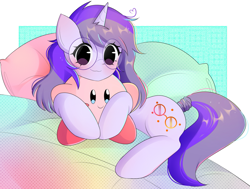 Size: 1167x883 | Tagged: safe, artist:arwencuack, oc, oc only, oc:glass sight, pony, puffball, unicorn, bed, blushing, commission, crossover, cute, female, glasses, horn, kirby, kirby (series), looking at you, lying down, mare, ocbetes, on bed, plushie, prone, smiling, smiling at you, solo, unicorn oc, weapons-grade cute