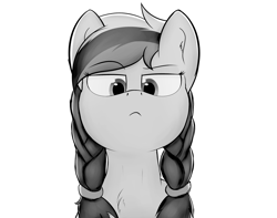 Size: 2994x2360 | Tagged: safe, artist:marusya, edit, oc, oc only, oc:marussia, earth pony, pony, :<, braid, bust, chest fluff, earth pony oc, eyebrows, eyebrows visible through hair, female, grayscale, high res, mare, monochrome, nation ponies, pathetic, raised eyebrow, russia, simple background, solo, white background