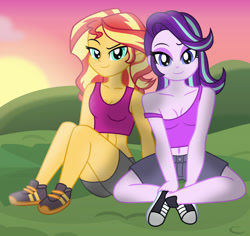 Size: 1024x966 | Tagged: safe, artist:emeraldblast63, artist:zachc, starlight glimmer, sunset shimmer, equestria girls, g4, ass, bare shoulders, belly button, breasts, butt, cleavage, clothes, converse, duo, duo female, female, legs, looking at you, midriff, shoes, sitting, sleeveless, sneakers, tank top