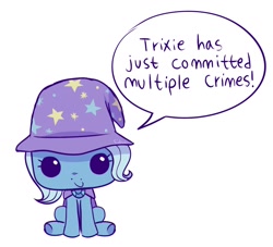 Size: 1600x1452 | Tagged: safe, artist:lemoocado, trixie, pony, unicorn, g4, adorable face, adoracreepy, beady eyes, confession, creepy, crime, cute, dialogue, diatrixes, februpony, female, funko, funko pop!, looking at you, mare, simple background, solo, speech bubble, toy, toy interpretation, wat, white background