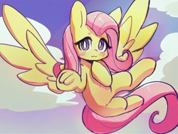 Size: 1600x1200 | Tagged: safe, artist:choyamy, fluttershy, pegasus, pony, g4, cloud, cute, female, flying, frog (hoof), looking at you, mare, shyabetes, sky, solo, spread wings, underhoof, wings