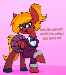 Size: 1066x1204 | Tagged: safe, artist:moonatik, oc, oc only, oc:moonatik, pegasus, pony, abstract background, bowtie, clothes, crossdressing, crystal prep academy uniform, cuffs (clothes), dialogue, eyebrows, eyebrows visible through hair, eyeshadow, femboy, folded wings, full body, glasses, hoof shoes, makeup, male, open mouth, open smile, pegasus oc, pink background, ponytail, raised hoof, school uniform, shoes, simple background, skirt, smiling, solo, stallion, standing, tights, wings
